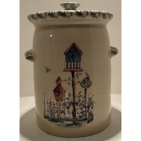 Marshall Pottery Bean Pot ￼￼Birdhouses Design 8.5” x 6” With Lid Vintage Pot NEW - Picture 1 of 12